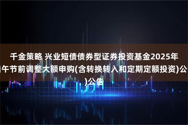 千金策略 兴业短债债券型证券投资基金2025年端午节前调整大额申购(含转换转入和定期定额投资)公告
